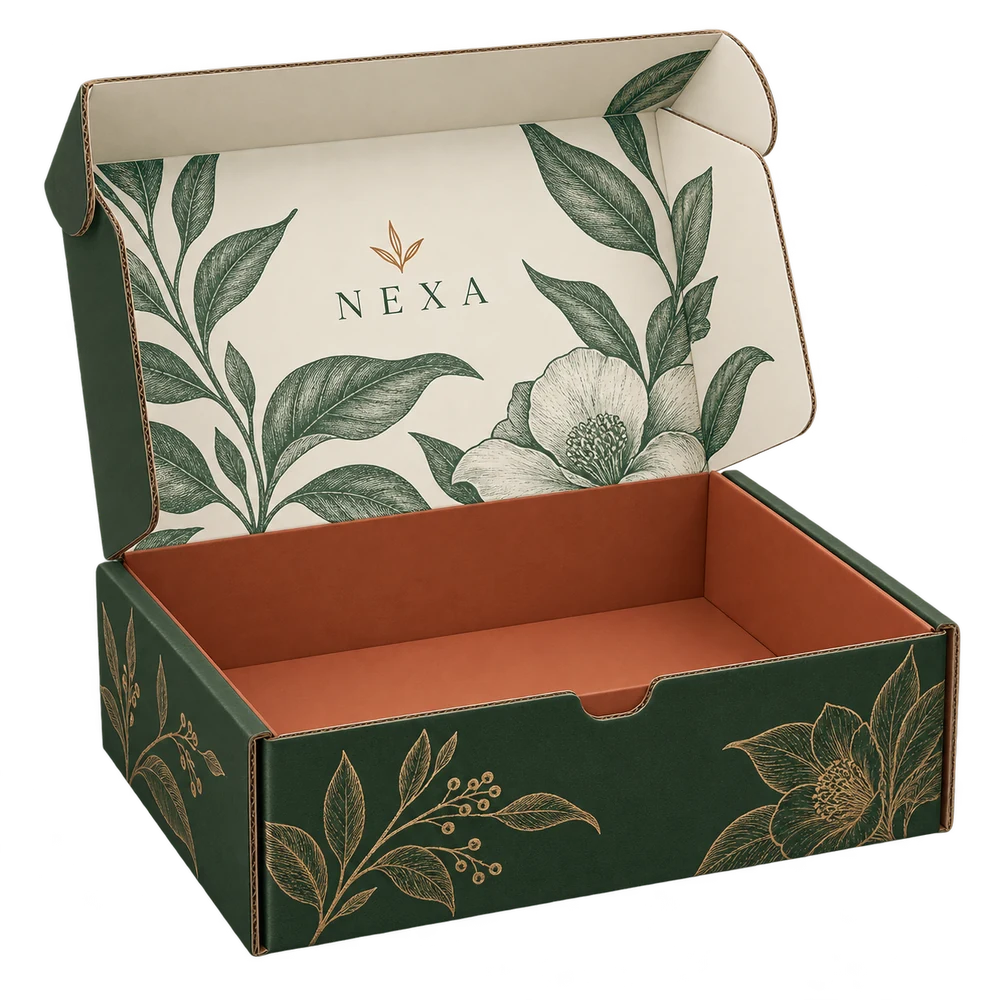 Open custom mailer box with coordinated inside and outside printing