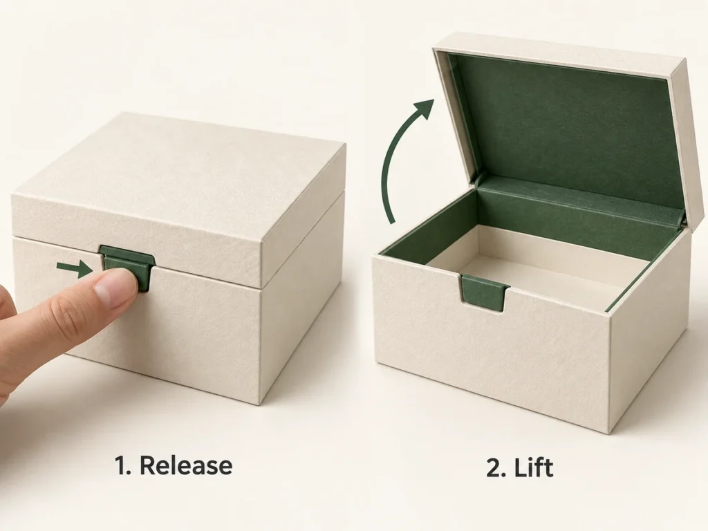 Concept illustration: release the front latch, then lift the flip-top lid.