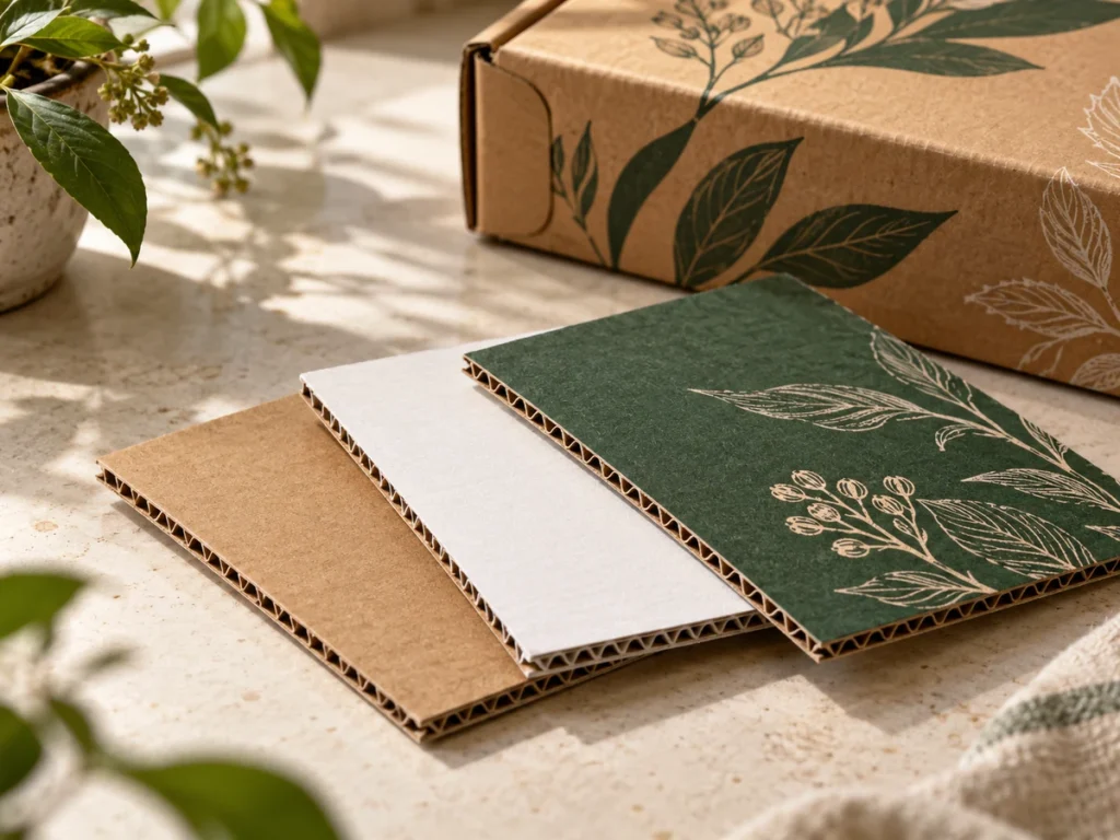 Kraft white-faced and printed corrugated board samples showing paper flute cross sections