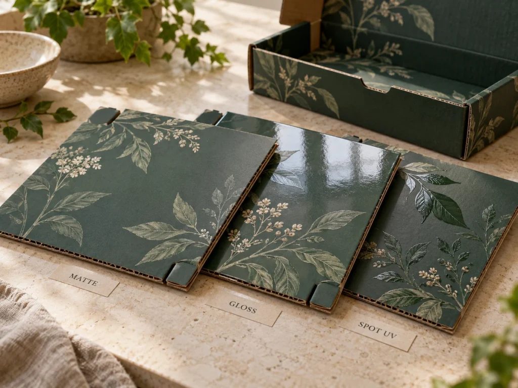 Corrugated mailer box finish samples comparing matte gloss and spot UV botanical details