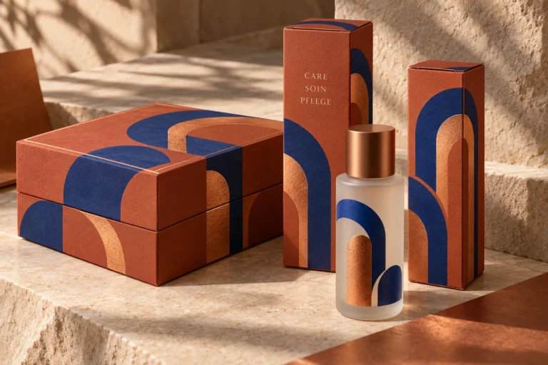 Terracotta gift box and cartons with cobalt arch graphics beside a frosted bottle, with CARE SOIN PFLEGE on one carton