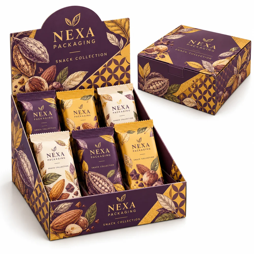 NEXA pop-up header display box concept with purple and gold custom printing for packaged snacks