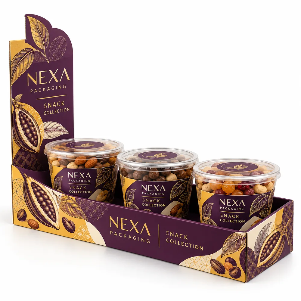 NEXA side-header counter tray concept with purple and gold custom printing for packaged snacks