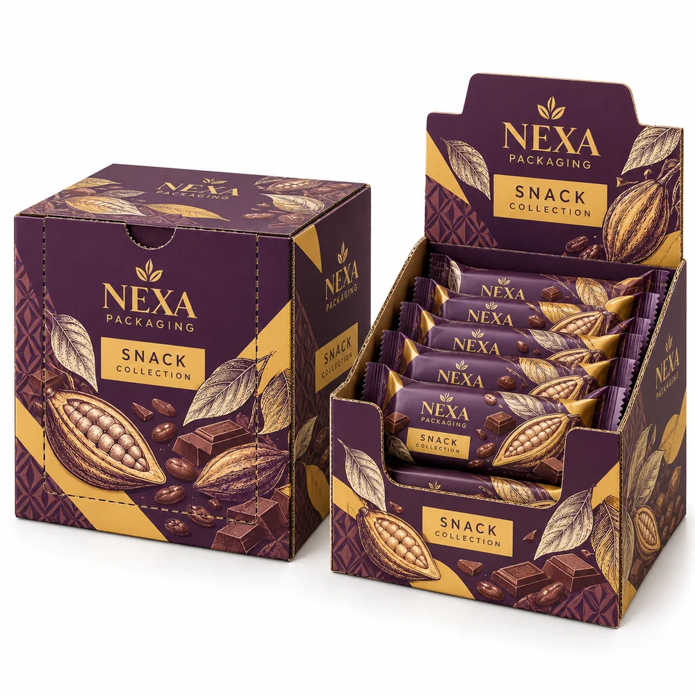 NEXA tear-away display carton concept with purple and gold custom printing for packaged snacks