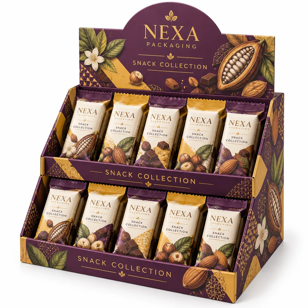 NEXA two-tier counter display concept with purple and gold custom printing for packaged snacks