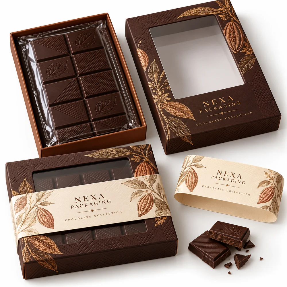NEXA chocolate bar window lid and base box concept in cocoa brown copper and cream with custom window printing