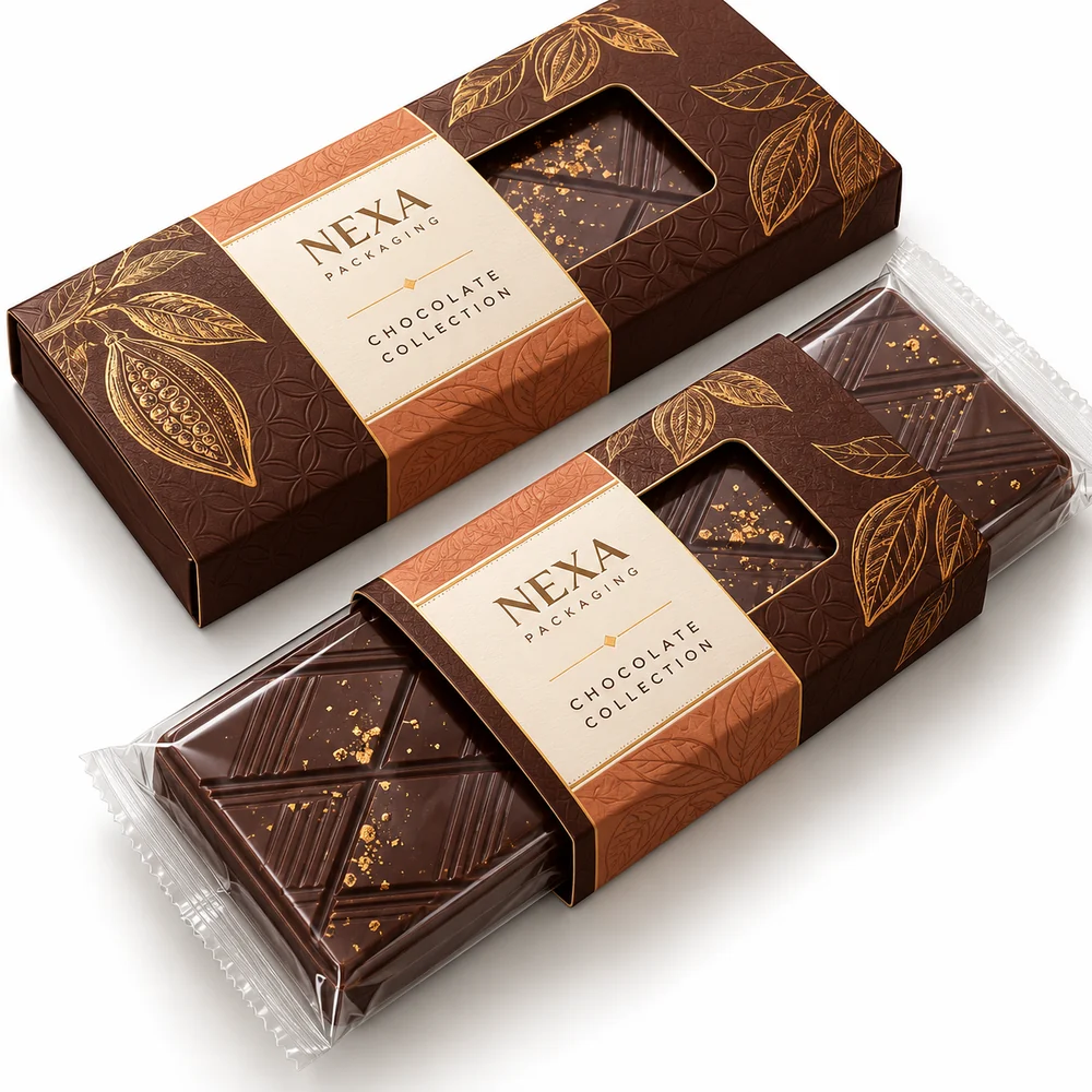 NEXA chocolate bar window paperboard sleeve concept in cocoa brown copper and cream with custom window printing