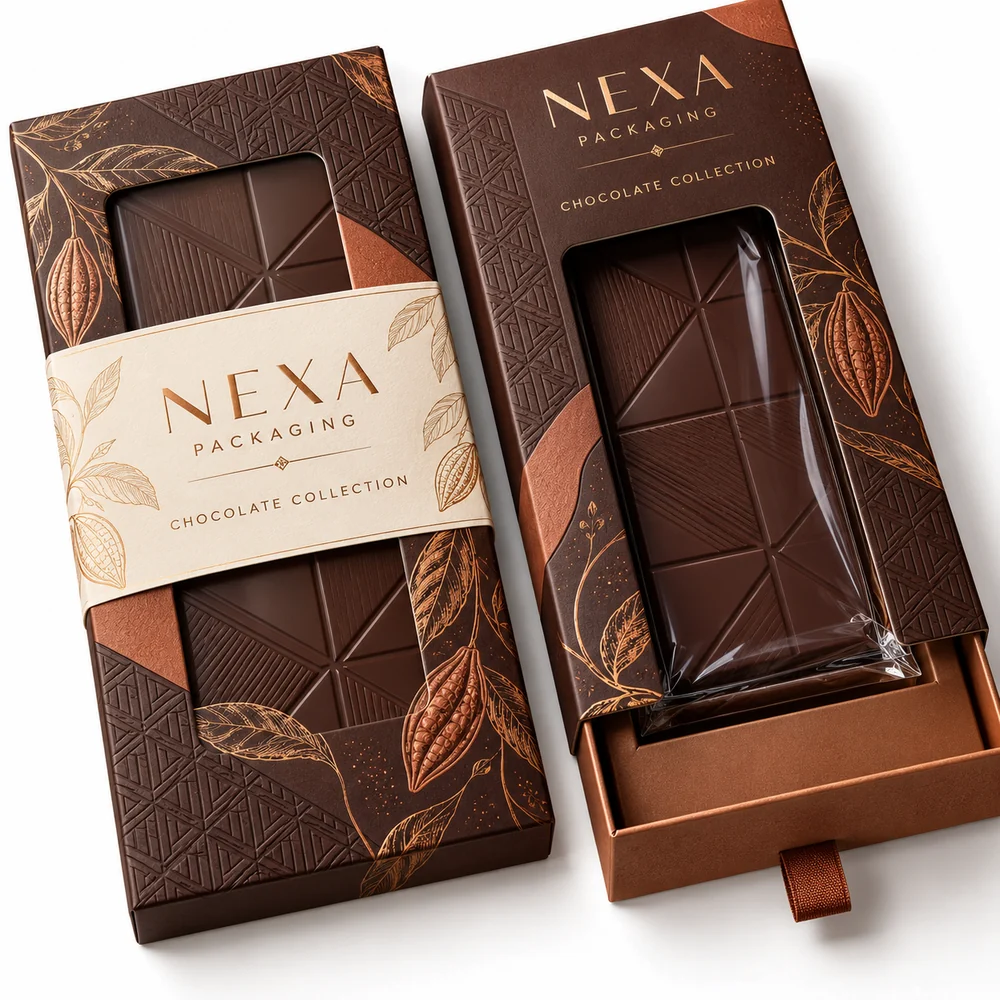 NEXA chocolate bar window sleeve and tray box concept in cocoa brown copper and cream with custom window printing