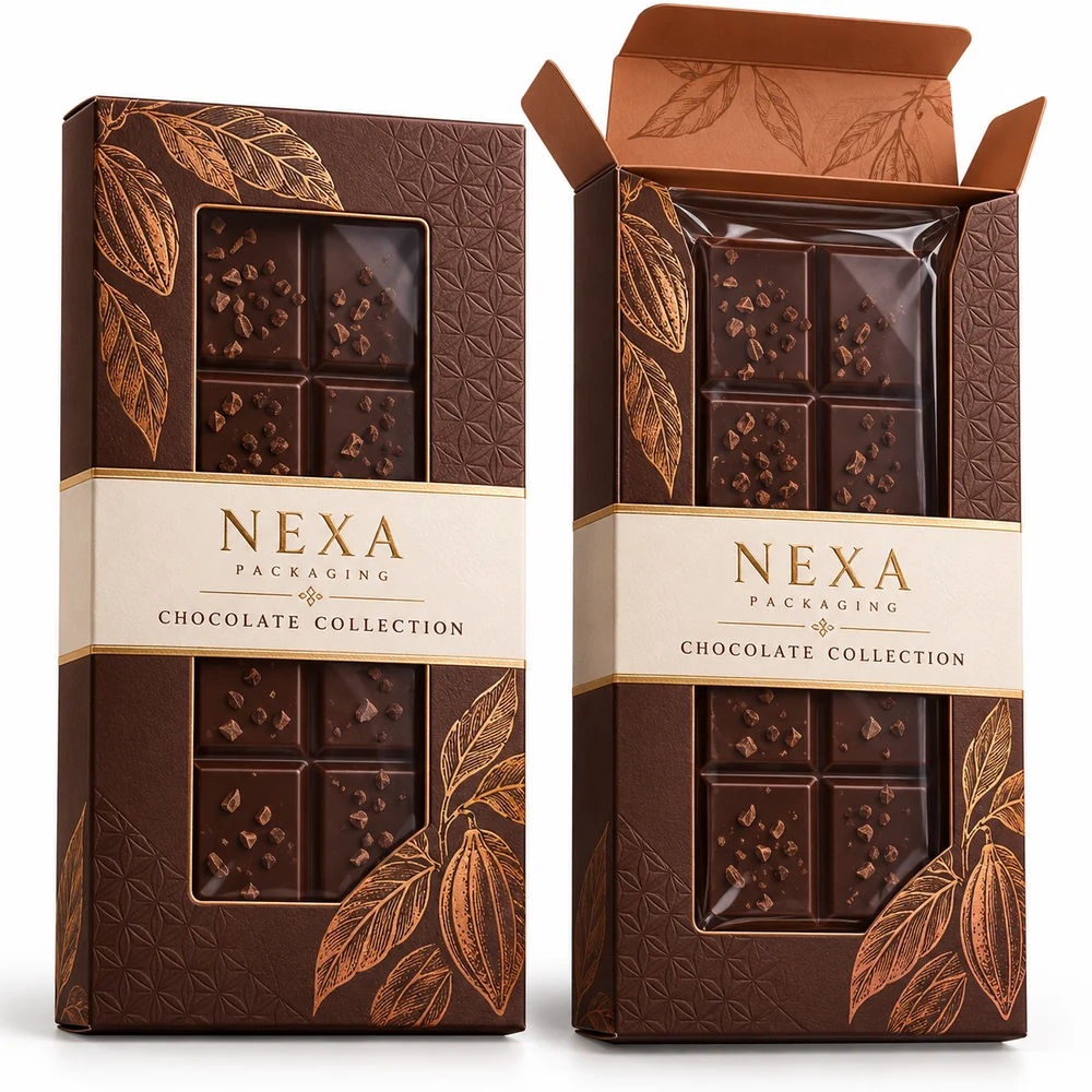 NEXA chocolate bar window tuck-end carton concept in cocoa brown copper and cream with custom window printing