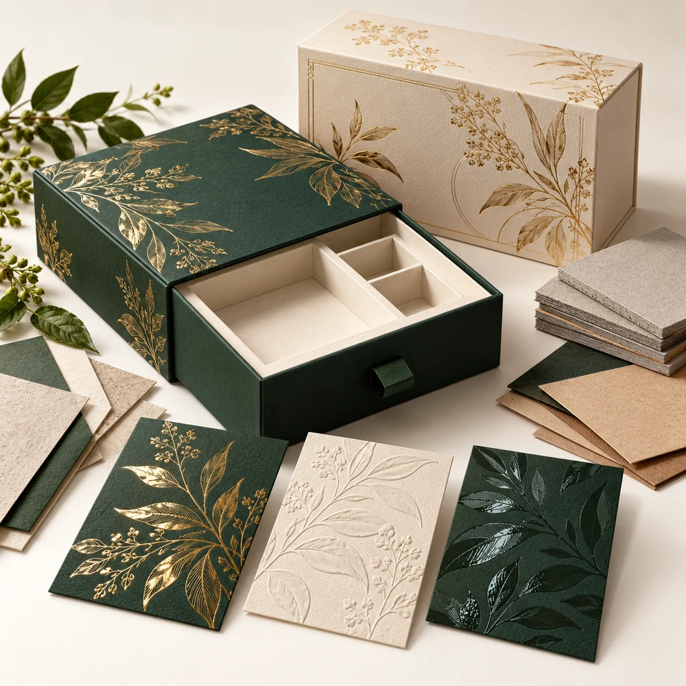 Forest green and cream custom packaging boxes with drawer insert, specialty paper, greyboard, kraft paper, gold foil, embossing and spot UV samples