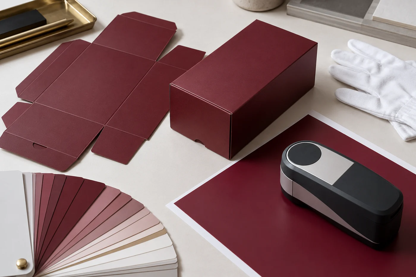 Burgundy folding carton, printed color patch and handheld spectrophotometer on a neutral review table
