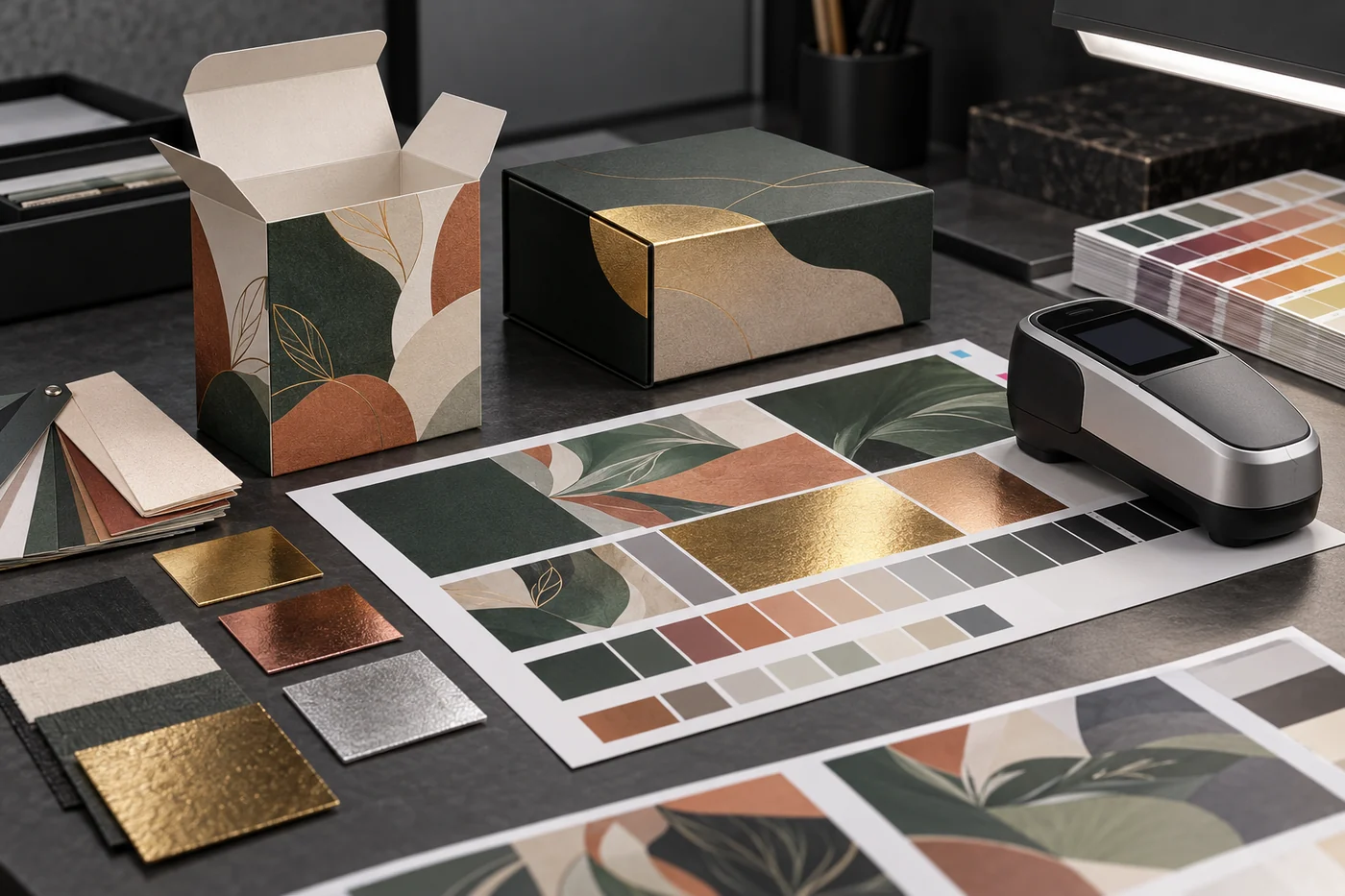 Printed cartons, color proof sheet, finish swatches and spectrophotometer under neutral review lighting