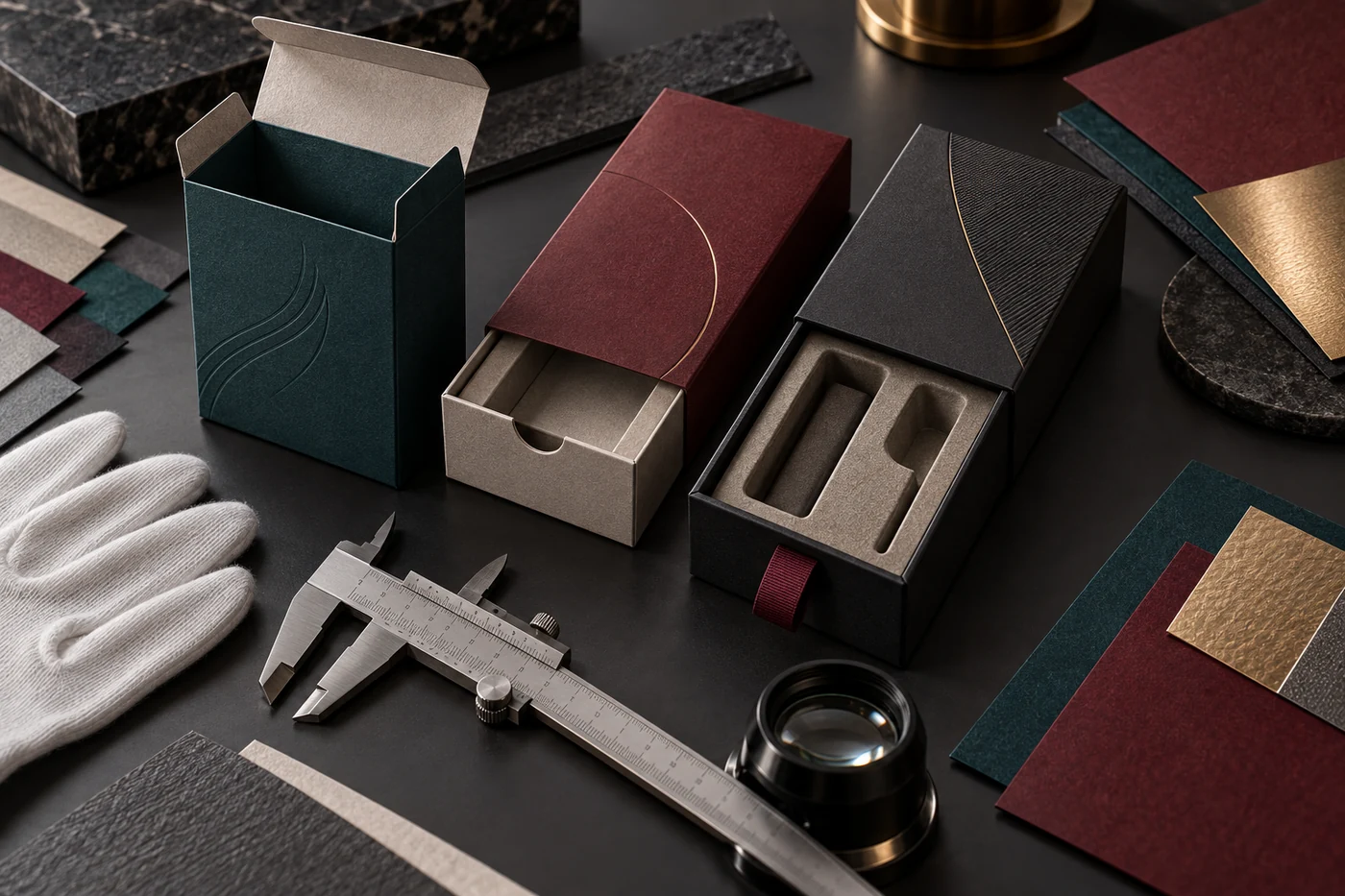 Close-up packaging review with an open tuck flap, sleeve tray, rigid drawer insert, caliper, loupe and paper swatches