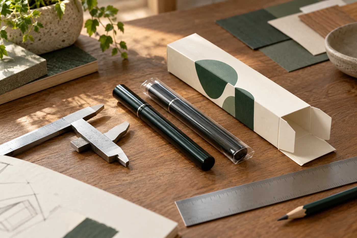 Two unbranded slim devices, one in a protective sleeve, beside an open carton, calipers and a ruler