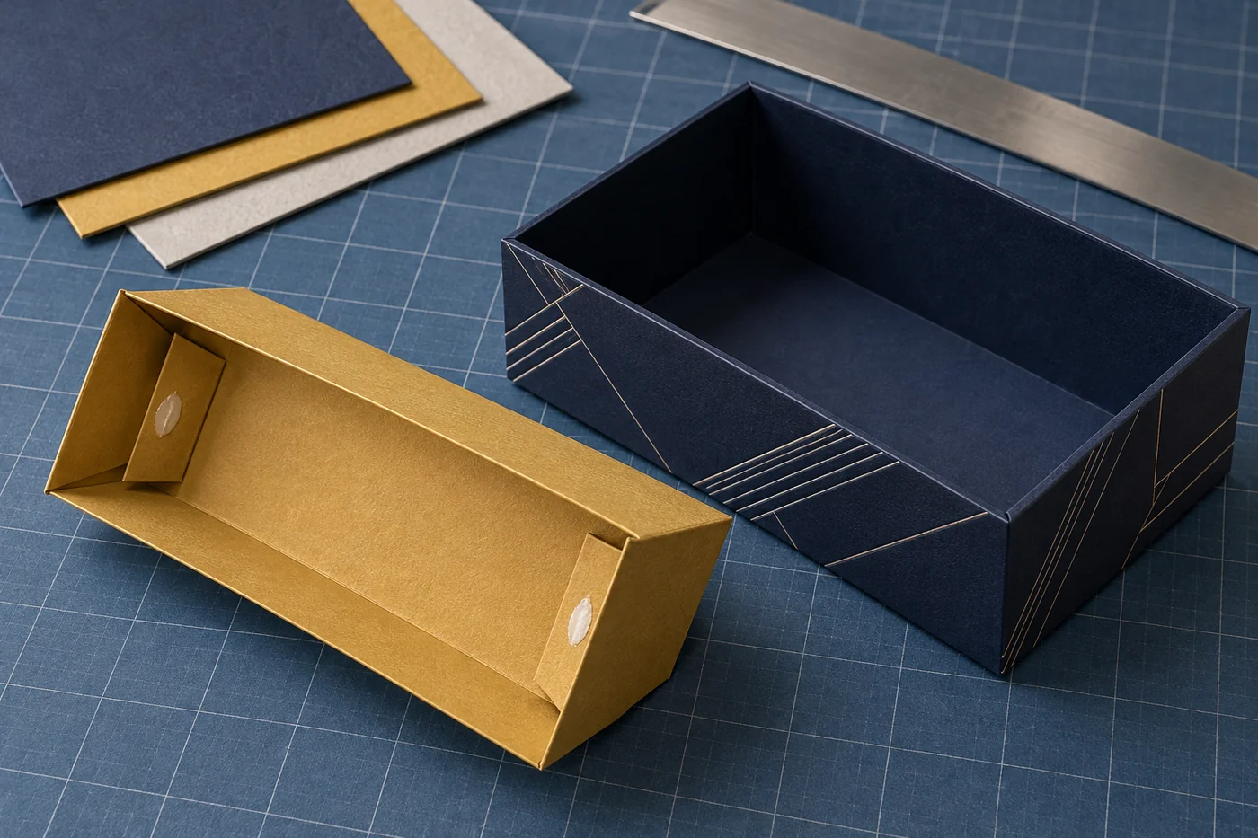 Underside of a gold paperboard insert with two conceptual adhesive positions beside an empty navy box
