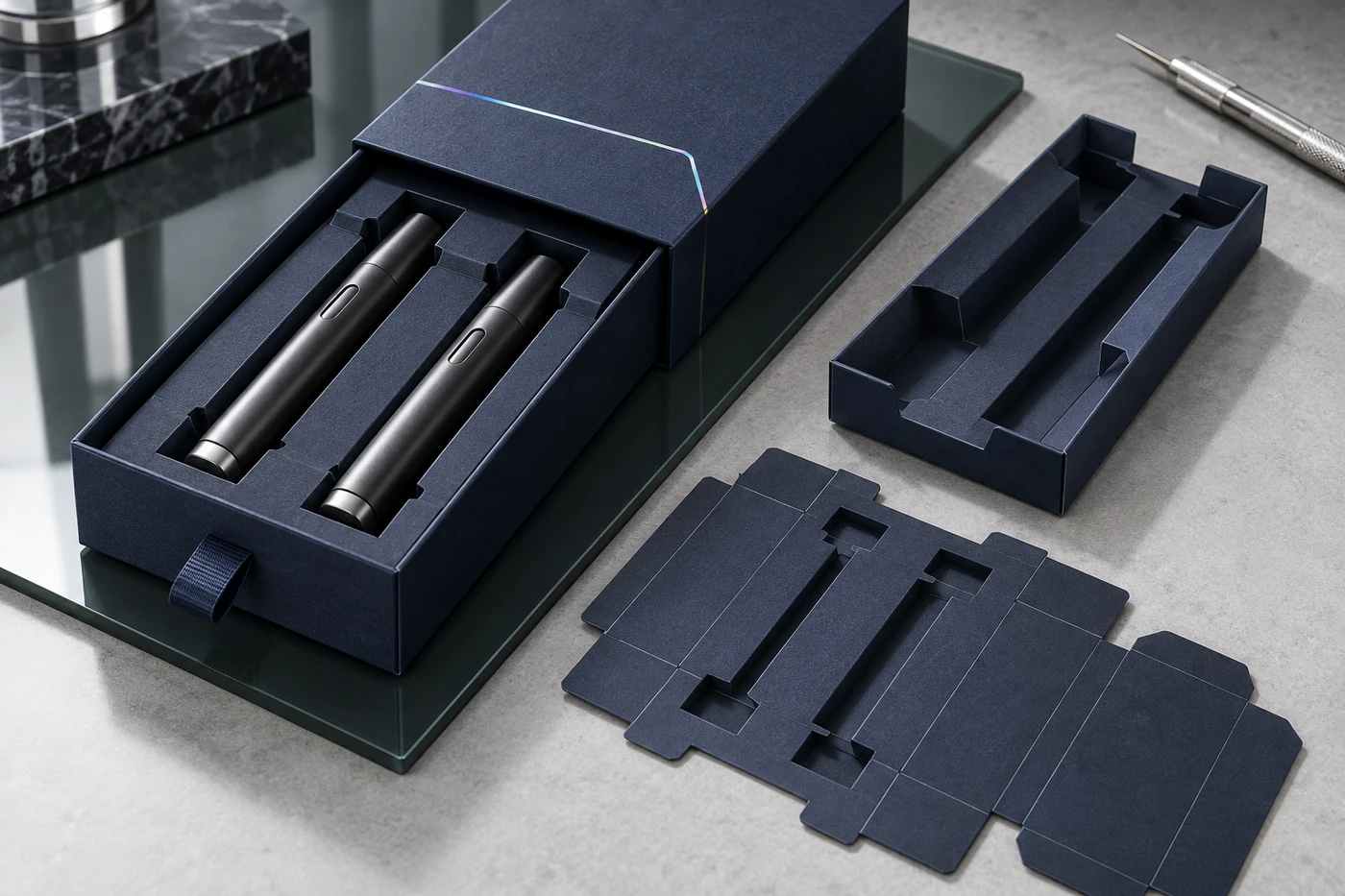 Navy drawer box with two generic pen-shaped products held in a folded paperboard insert beside assembled and flat insert samples