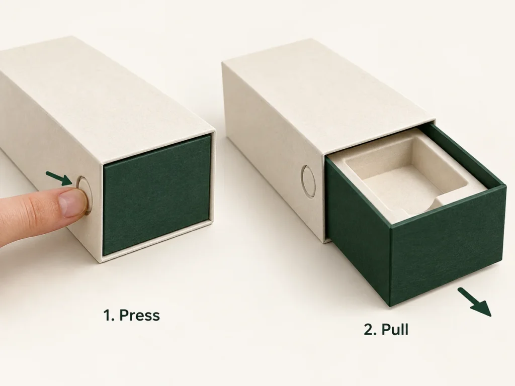 Concept illustration: press the side release button, then pull out the drawer.