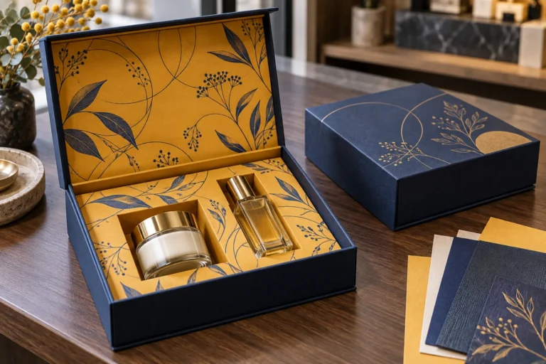 Open navy gift box with saffron botanical interior, fitted cosmetic jar and bottle beside matching closed packaging