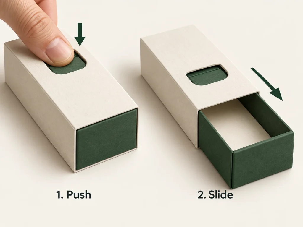 Concept illustration: push the top locking tab down, then slide out the inner tray.