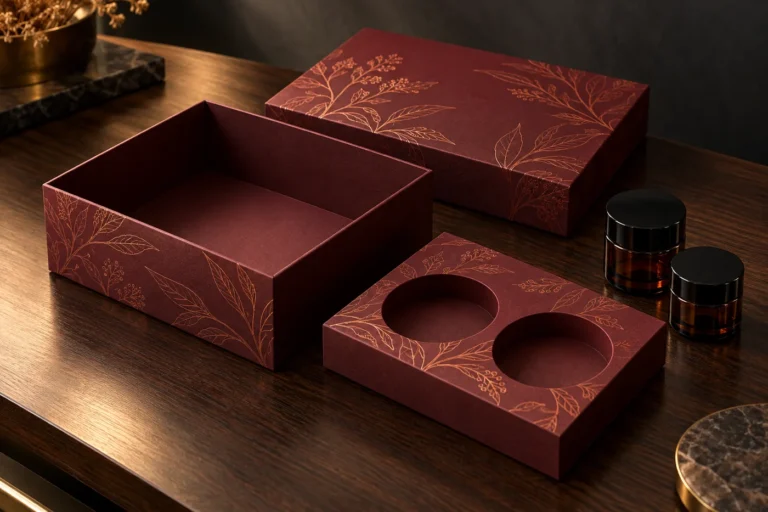 Burgundy rigid gift box with a separate two-cavity insert and two unbranded amber jars