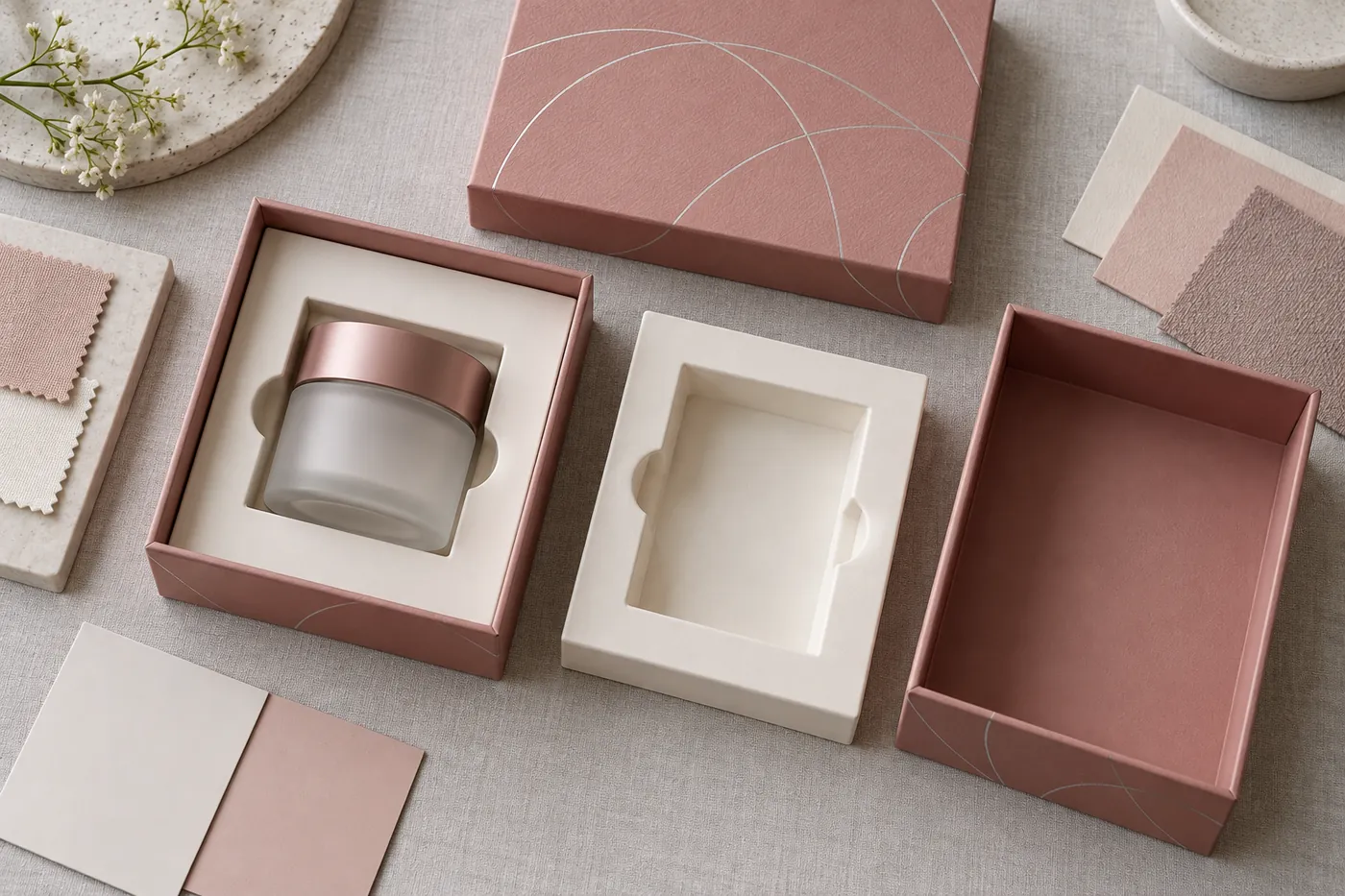 Rose gift box with an ivory insert and jar beside a separate empty insert and matching box base