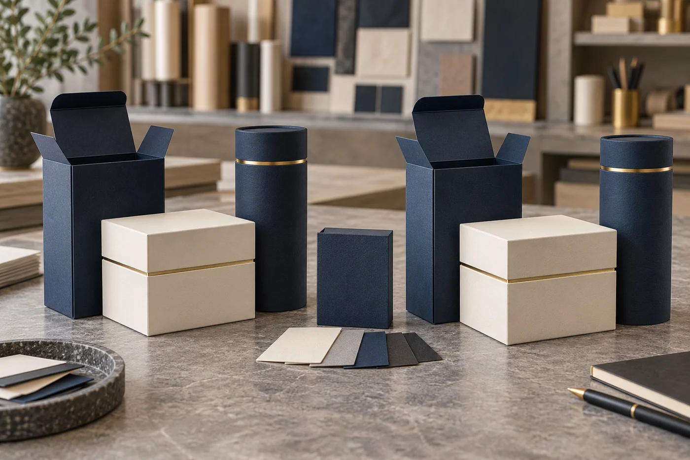 Two coordinated sets of navy cartons, ivory rigid boxes and paper tubes compared with material swatches
