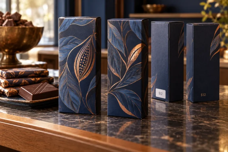 Decorated blue chocolate cartons showing a sticker price and a directly printed price on back panels