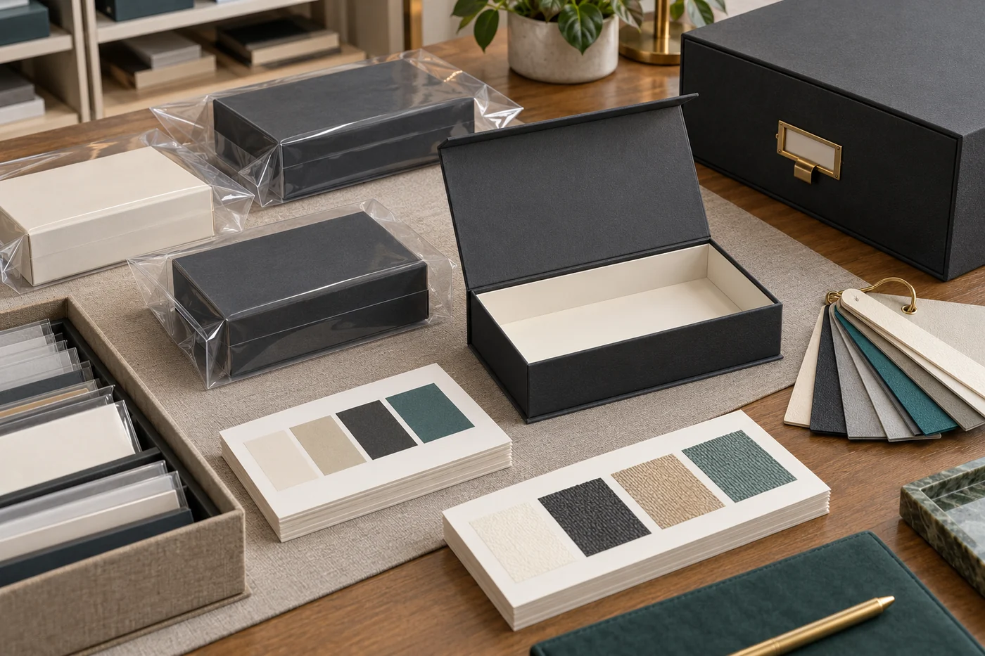 Retained charcoal and cream packaging samples stored with material swatches and an open rigid box