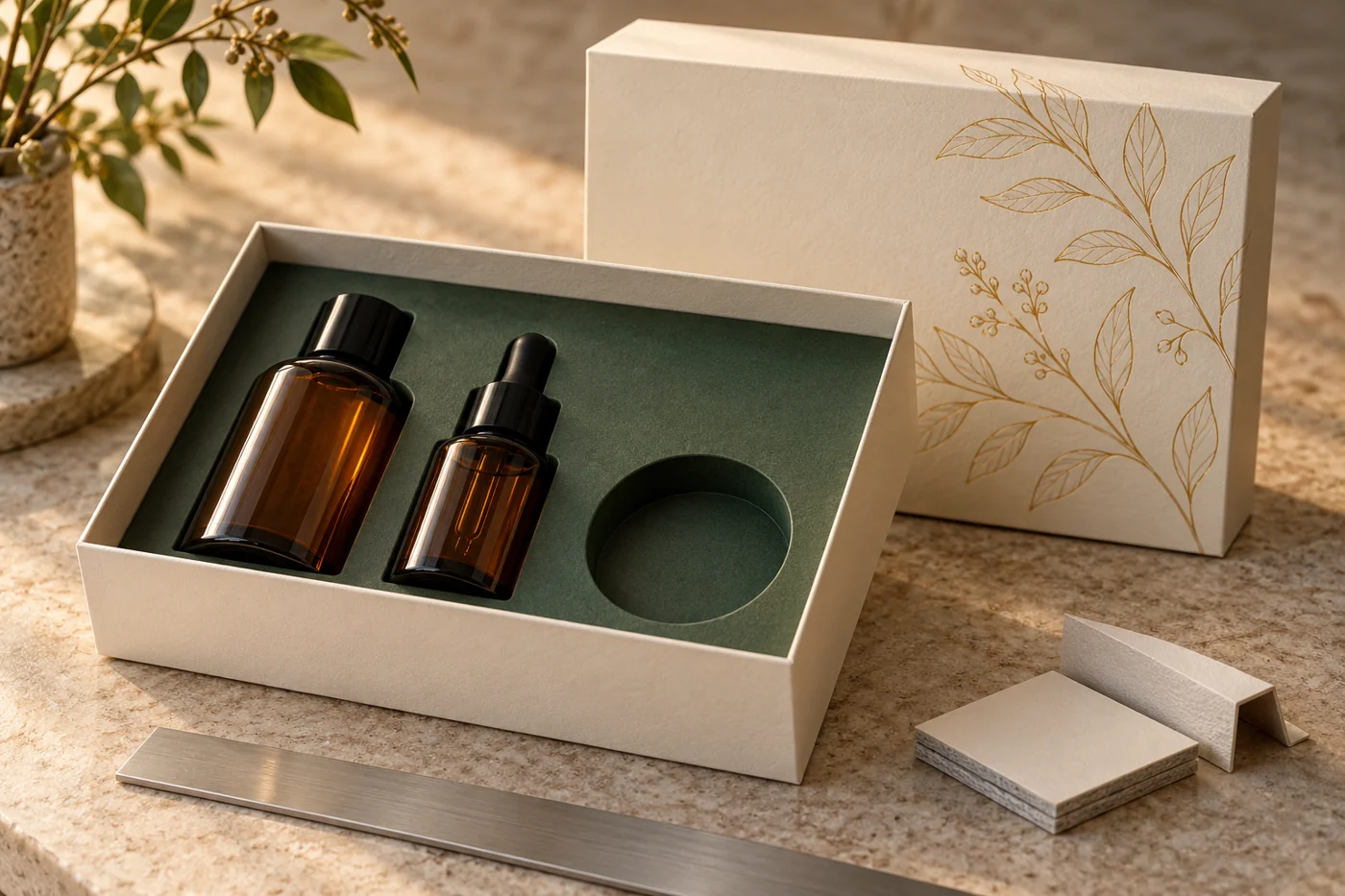 Amber cosmetic bottles in a green insert inside an ivory rigid box, with wall samples and a ruler nearby