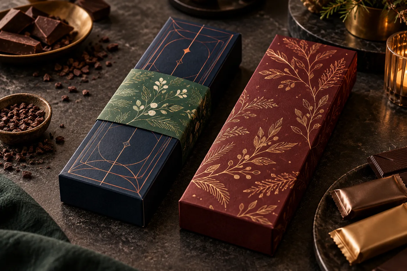 Navy chocolate carton with a green paper belly band beside a fully printed burgundy seasonal carton