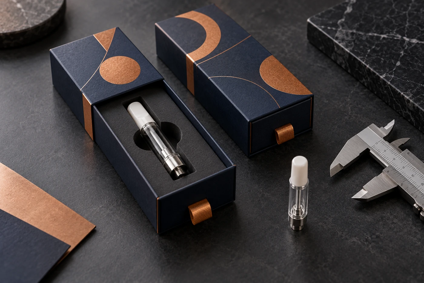Navy decorated drawer packaging with an empty cartridge, shorter hardware and caliper on a slate sampling desk