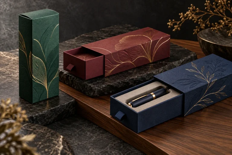 Emerald tuck-end carton, burgundy sleeve box and navy rigid drawer box displayed with an unbranded pen-shaped product