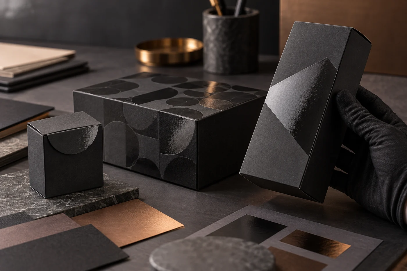 Unbranded black folding and rigid boxes reviewed under side light to compare selective spot UV gloss