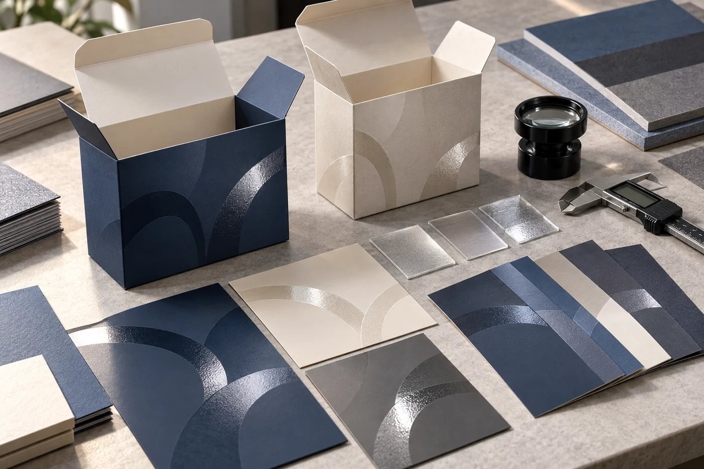 Open folding cartons, coated paper swatches and tools arranged to compare spot UV on different surface stacks