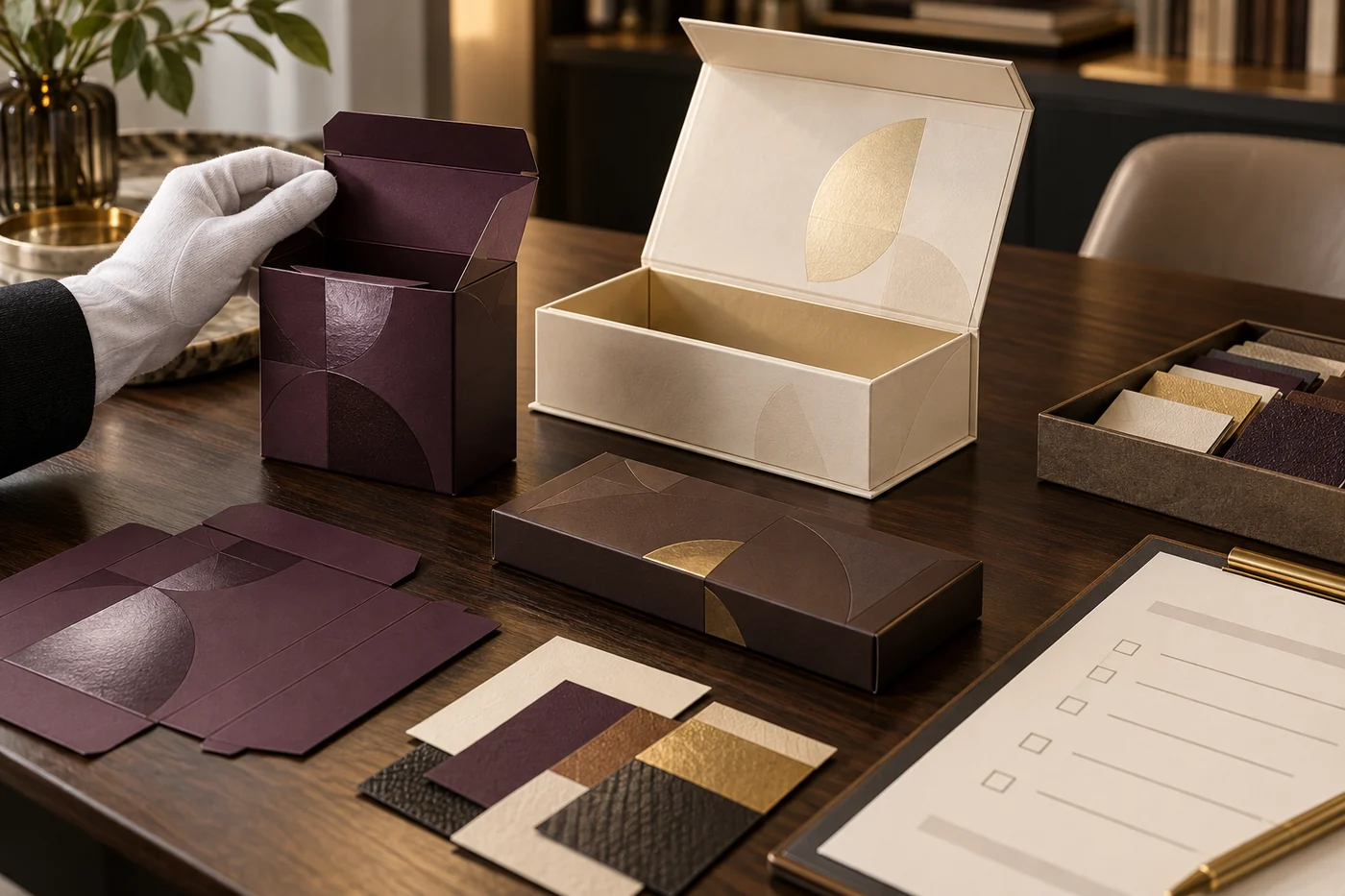 Unbranded folding and rigid boxes with retained finish swatches arranged for spot UV approval review