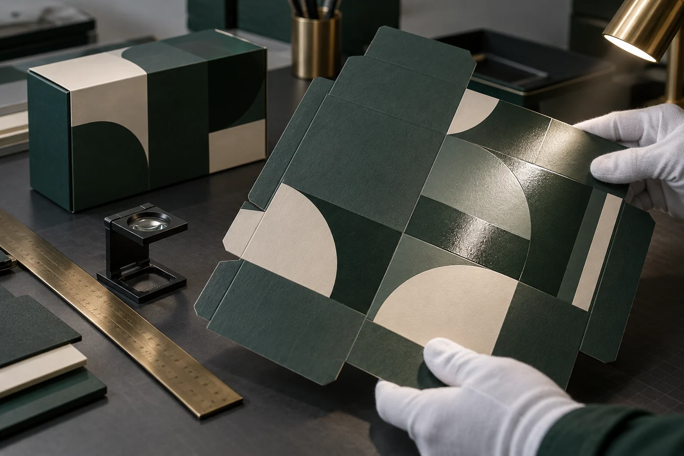 Gloved packaging reviewer checks geometric spot UV alignment on a green die-cut carton under grazing light