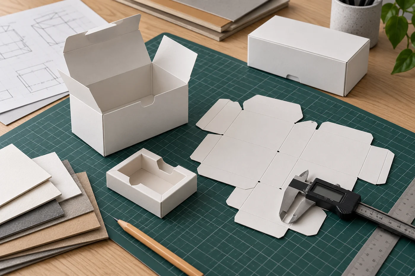 Open white folding carton, flat cut sample, insert and caliper on a packaging design desk