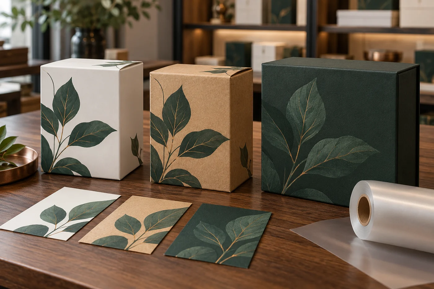 White, kraft and dark green packaging concepts showing how substrate and finish affect color appearance