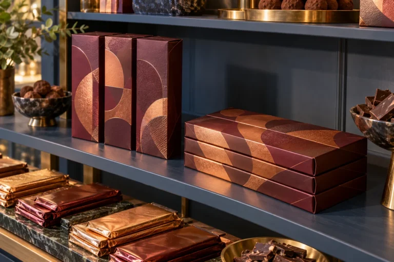 Burgundy patterned chocolate cartons standing upright and lying flat on a blue boutique shelf