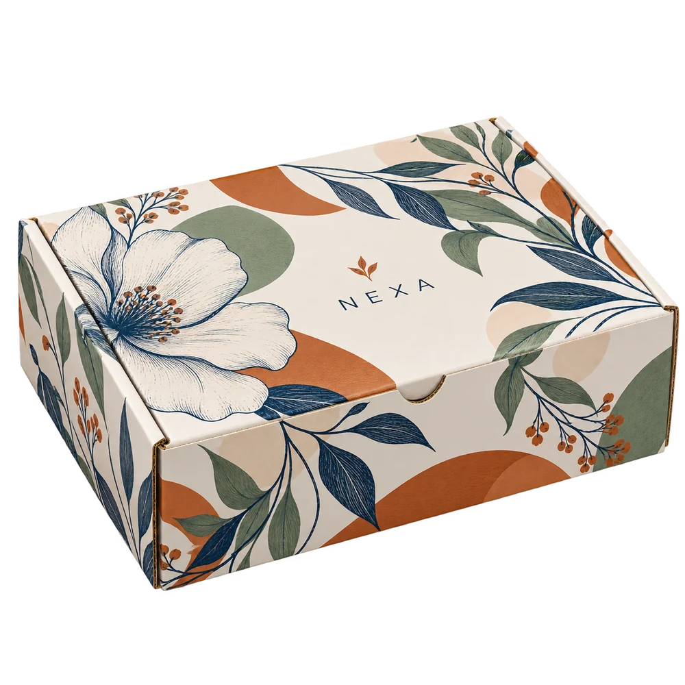 Custom white printed mailer box with colorful botanical artwork