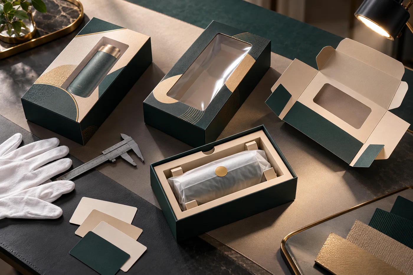 AI concept of custom window box samples inspected under controlled studio light